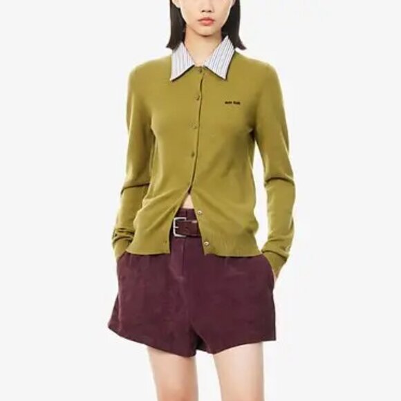 Miu Miu striped-collared knitted-logo cashmere cardigan - Picture 1 of 14